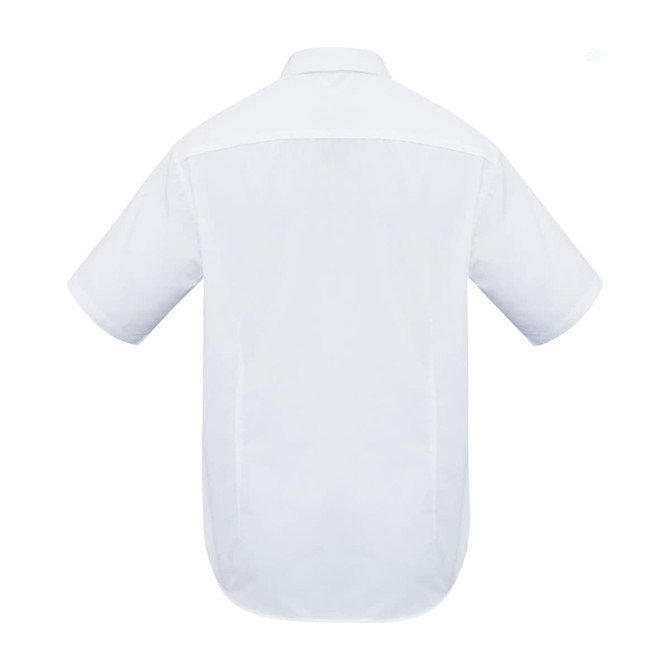 A white short sleeve button-up shirt featuring a back yoke and a logo.
