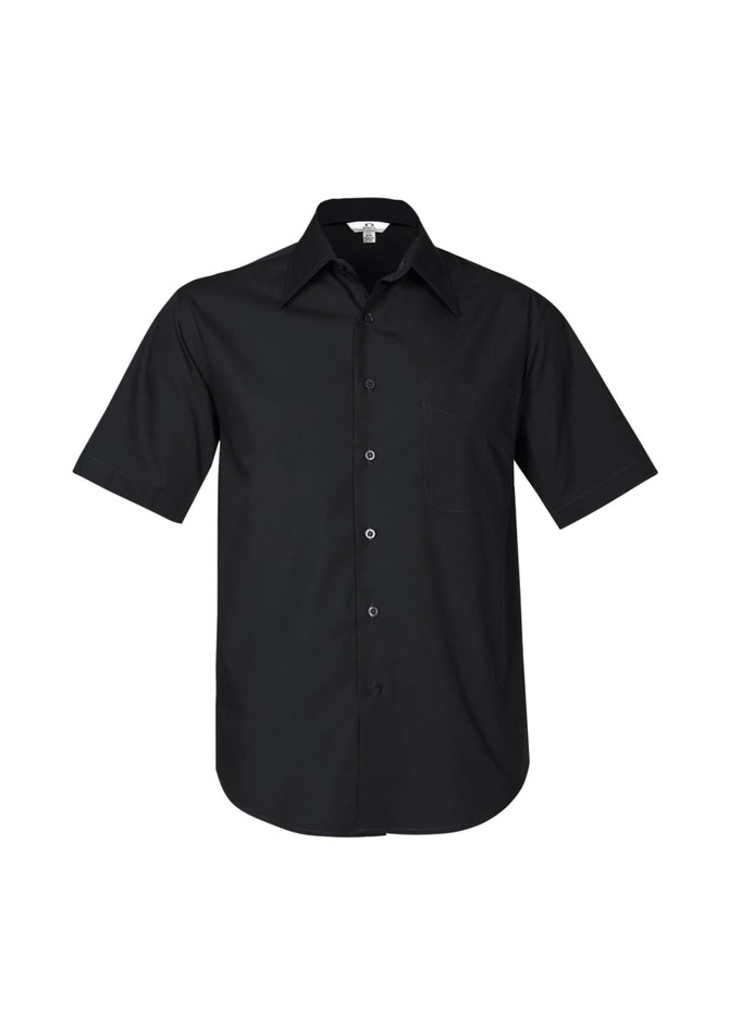 A black short sleeve button-up shirt featuring a pocket and a logo. Suitable for casual or smart-casual wear.