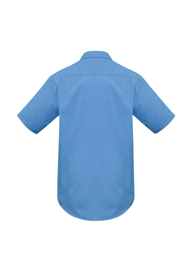 A blue short sleeve button-up shirt featuring a plain back and a collar. It includes a logo.