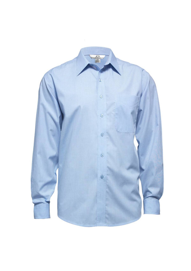 A light blue long sleeve button-up shirt with a pocket and a logo on the collar.
