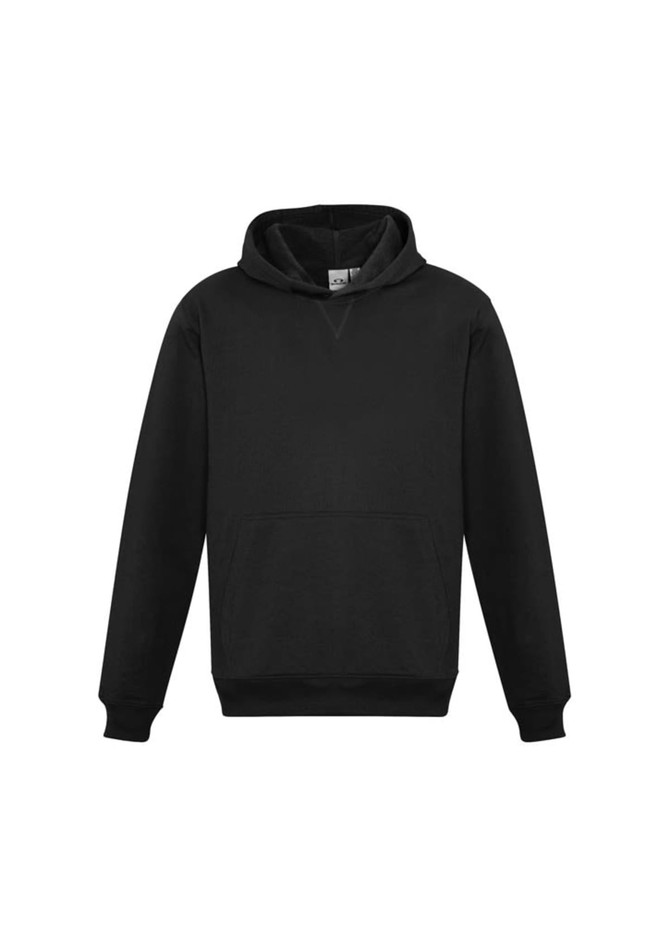 A black kids' hoodie featuring a front pocket and a hood, with a logo on the chest.