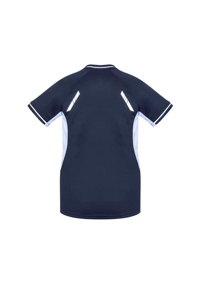 A navy women's short sleeve tee with contrasting white accents and a logo on the back.