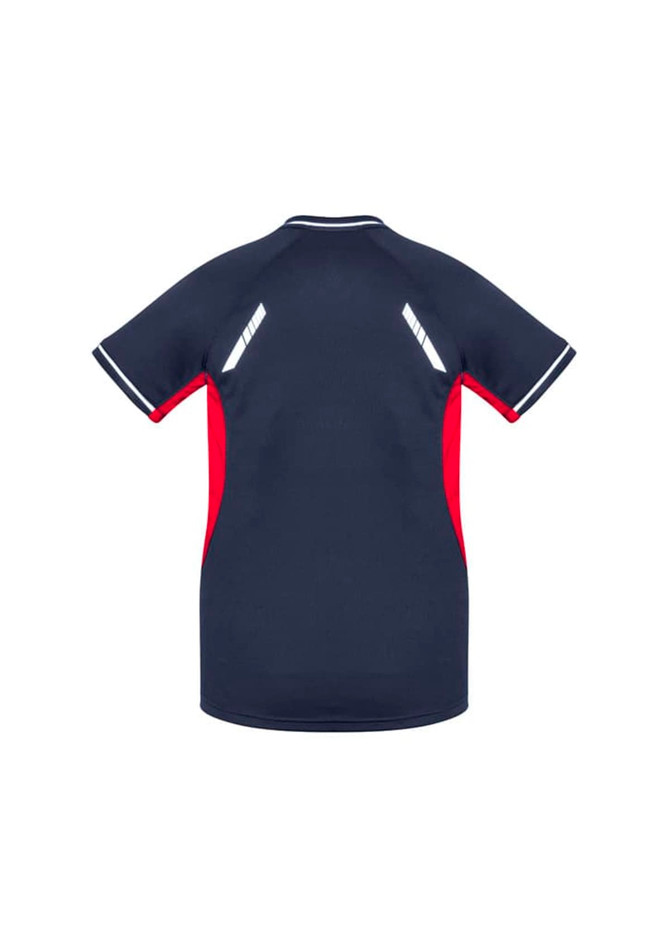 A short sleeve tee in navy with red accents and a branding logo on the back.