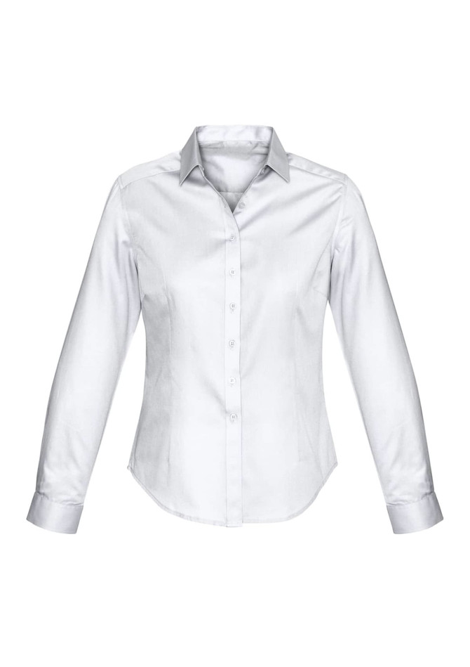 A white women's long sleeve button-up shirt with a grey collar and a logo on the chest.