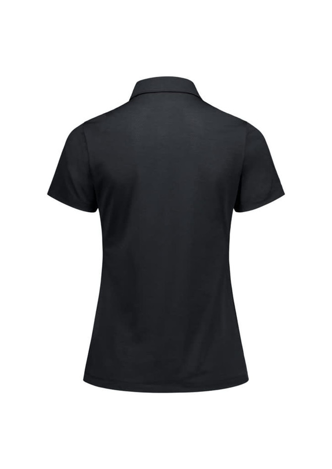 A women's short sleeve polo in black, featuring a classic collar and a logo on the back.