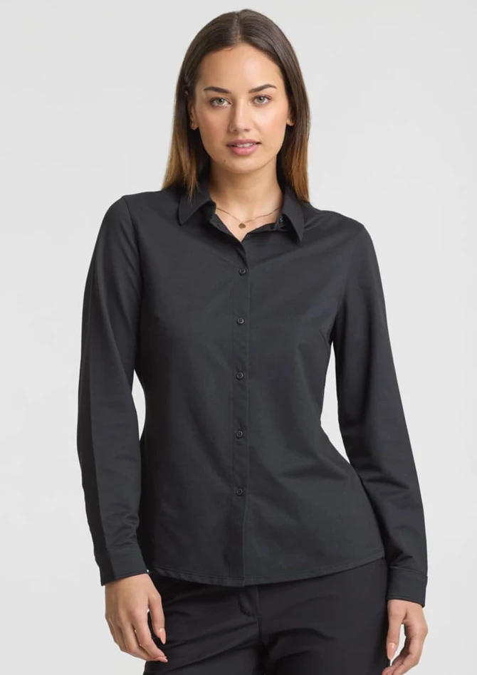 A women's long sleeve shirt in black with a collared neckline and button-up front, featuring a fitted design.