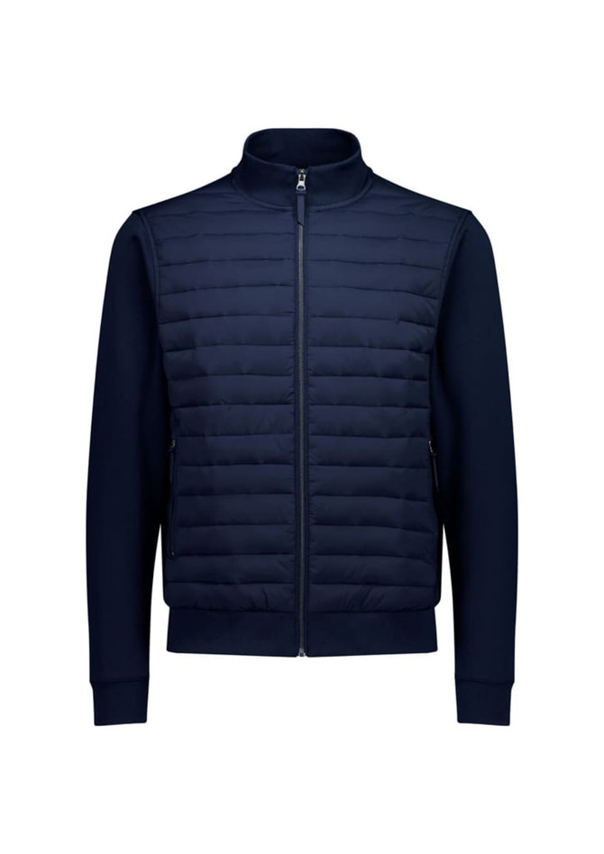A navy tailor jacket featuring a quilted front and a smooth zip-up design with two side pockets.