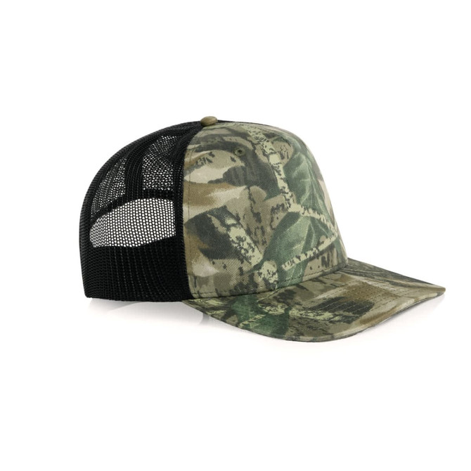A camo trucker cap featuring a green and brown camouflage design with a black mesh back.