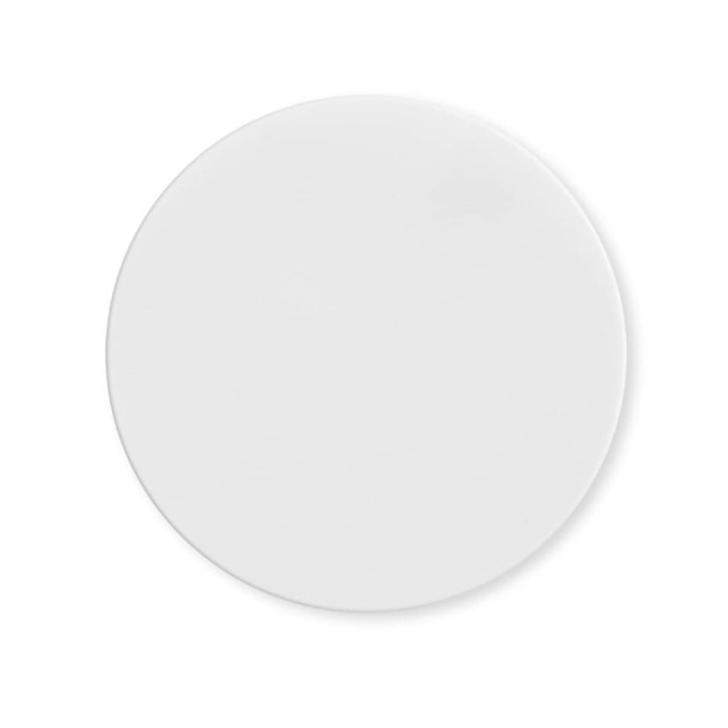 A round, white silicone jar opener with a smooth surface and a minimalist design. It features a logo.