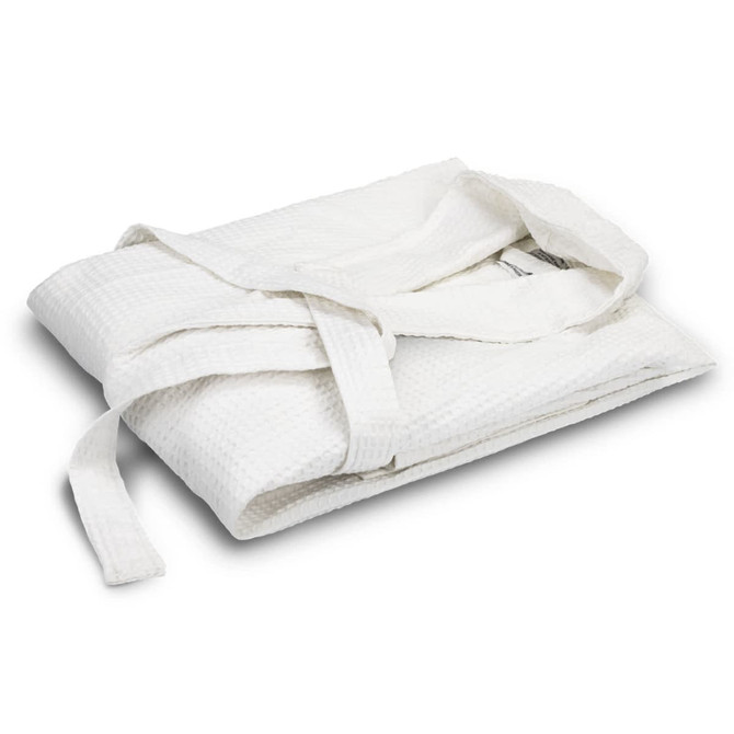 A folded white waffle bathrobe with a matching tie belt, featuring a textured fabric and branding.