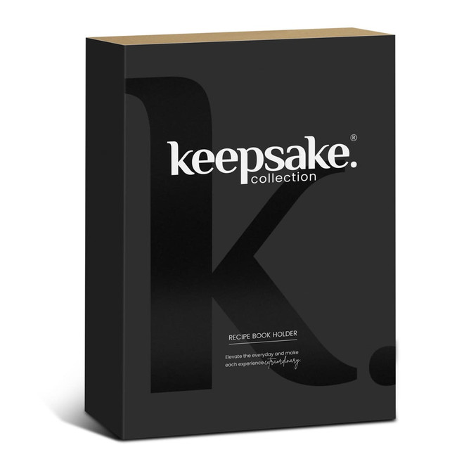 A black box featuring a logo, containing a recipe book holder from the Keepsake collection.