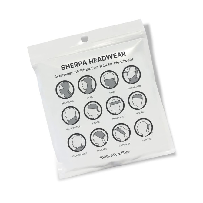 A pack of multifunctional headwear in various styles, featuring a white bag with illustrations and a logo.
