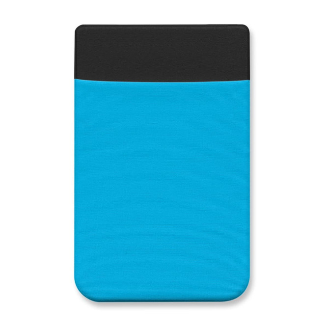 A Lycra phone wallet in a vibrant blue with a black top section, featuring a logo.