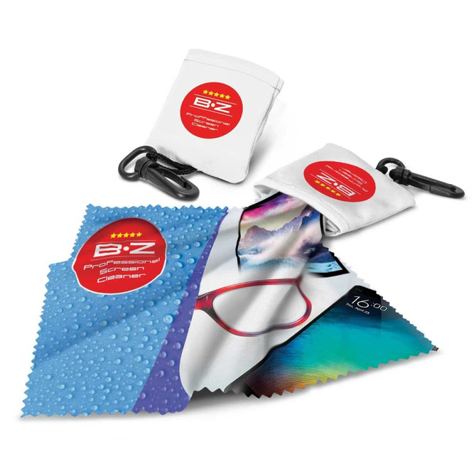 A screen cleaner cloth in blue and white with a clip, featuring a logo, packaged with two pouches.