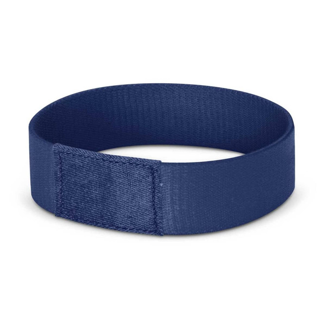 A Dazzler Wrist Band in navy blue, made from durable fabric, featuring a secure fastening for events and exhibitions.