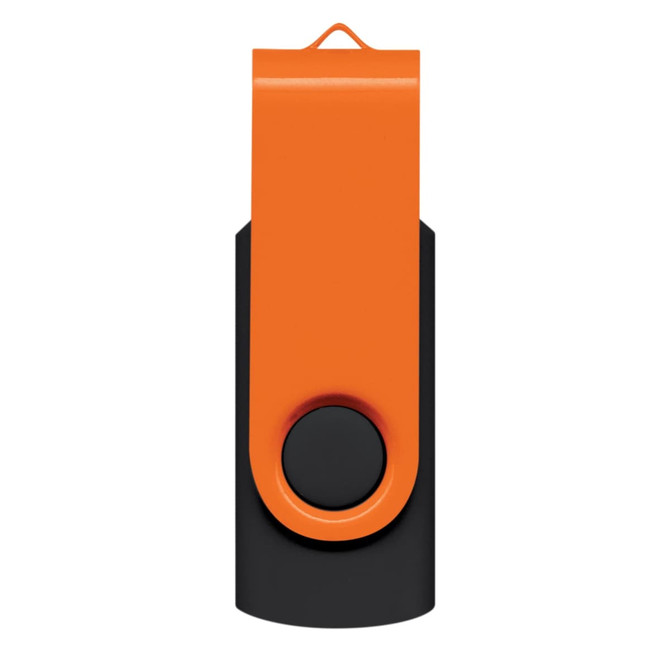 An orange and black Helix 16GB flash drive with a swivel design and a loop for attachment.