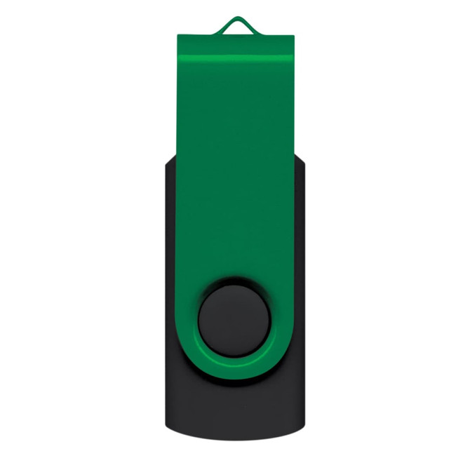 A Helix 16GB Flash Drive in a sleek design featuring a black body and a green rotating cover.