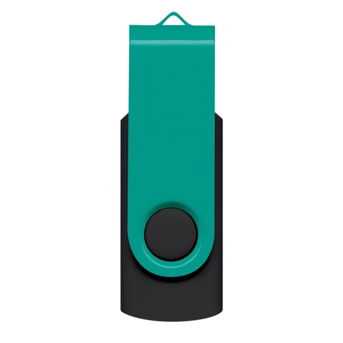 A teal and black Helix 16GB flash drive with a swivel design and a circular button. It features a logo on the side.
