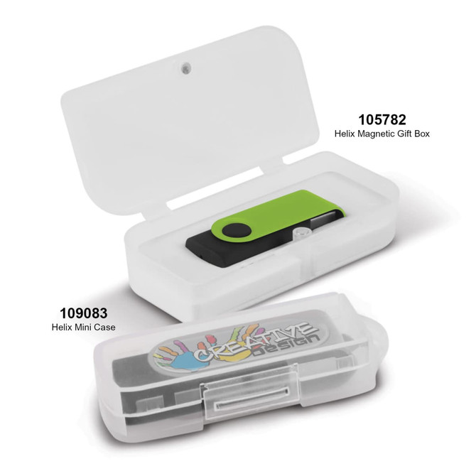A black and green Helix 16GB flash drive in a clear case, alongside a white magnetic gift box.