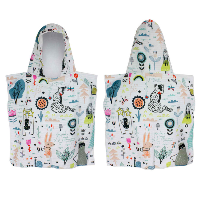 A kids hooded towel featuring playful animal and nature designs in pastel colours. It includes a logo.