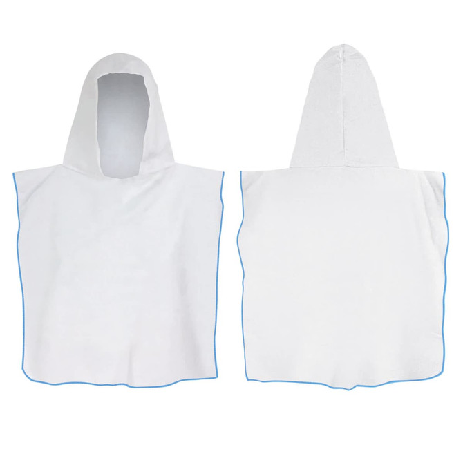 A white hooded towel featuring a blue trim, designed for children. The towel has a hood and a simple, functional shape.