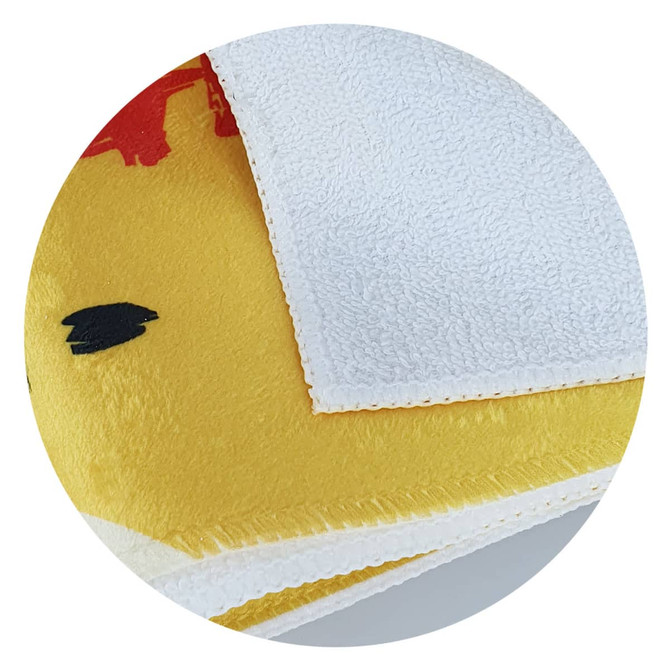 A textured sports towel in yellow and white, featuring a design and a stitched edge, with a logo visible.