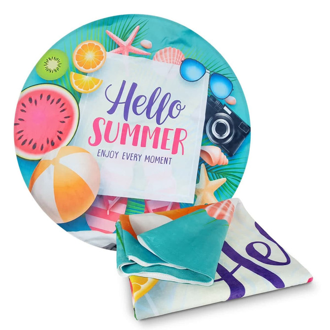 A vibrant full-colour beach towel featuring tropical designs, including fruit, beach items, and a camera. It has a logo.
