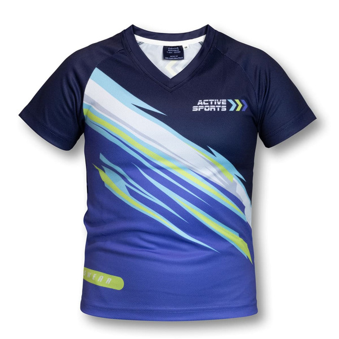 A custom kids performance T-shirt in navy blue with a vibrant design featuring blue and green stripes. It includes a logo.