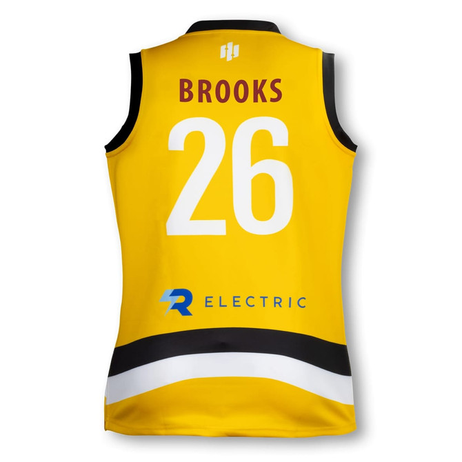 A yellow women's AFL jersey featuring black and white stripes, with a logo and the number 26.