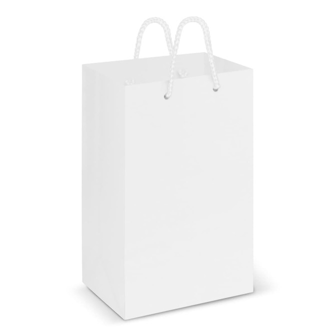 A small, laminated carry bag with a solid white exterior and white rope handles.