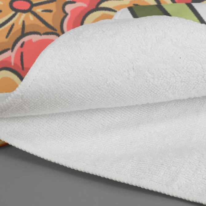 A full-colour beach towel featuring a floral design, with a white, textured underside. Includes branding.