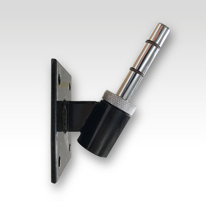 A small metal flag pole holder in black and silver with a mounting plate. It includes a cylindrical holder for the pole.