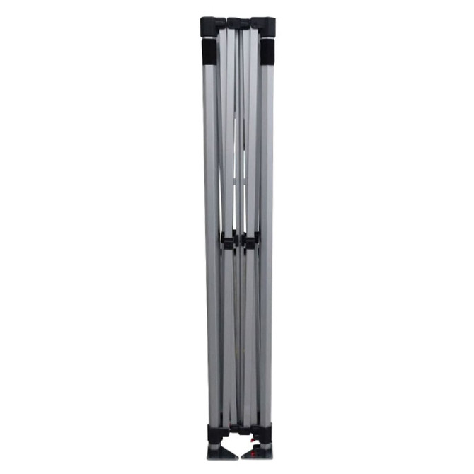 A silver, collapsible frame for a 3x3 marquee, showcasing its compact design when folded.