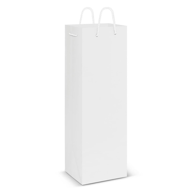 A laminated wine bag in a solid white color, featuring a tall design with a glossy finish and white rope handles.