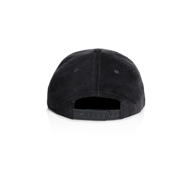 A black cap with a corduroy texture featuring an adjustable snapback closure and a branded logo.