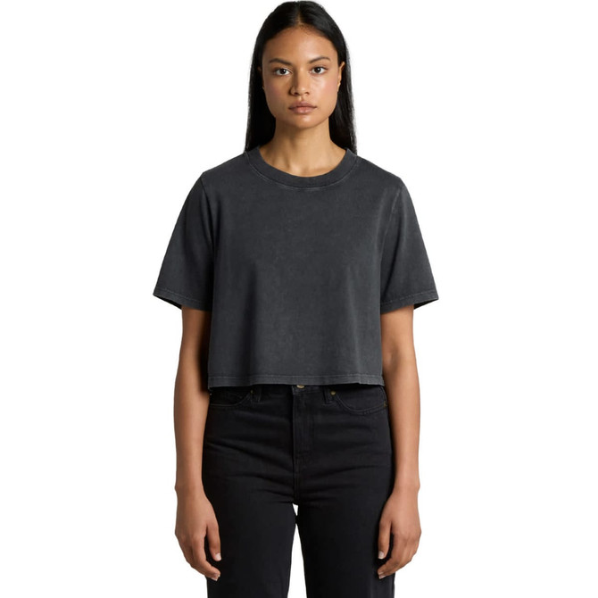 A heavy cropped tee in stone wash black, featuring short sleeves and a relaxed fit. The top has a logo.