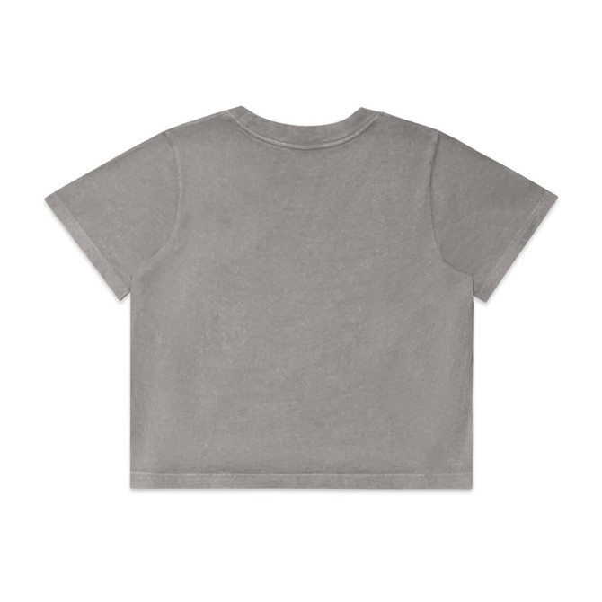 A grey heavy crop tee with short sleeves and a simple design. Features a small logo on the back.