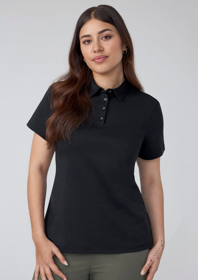 A black women's short sleeve polo with a collar and buttons, featuring a fitted design.