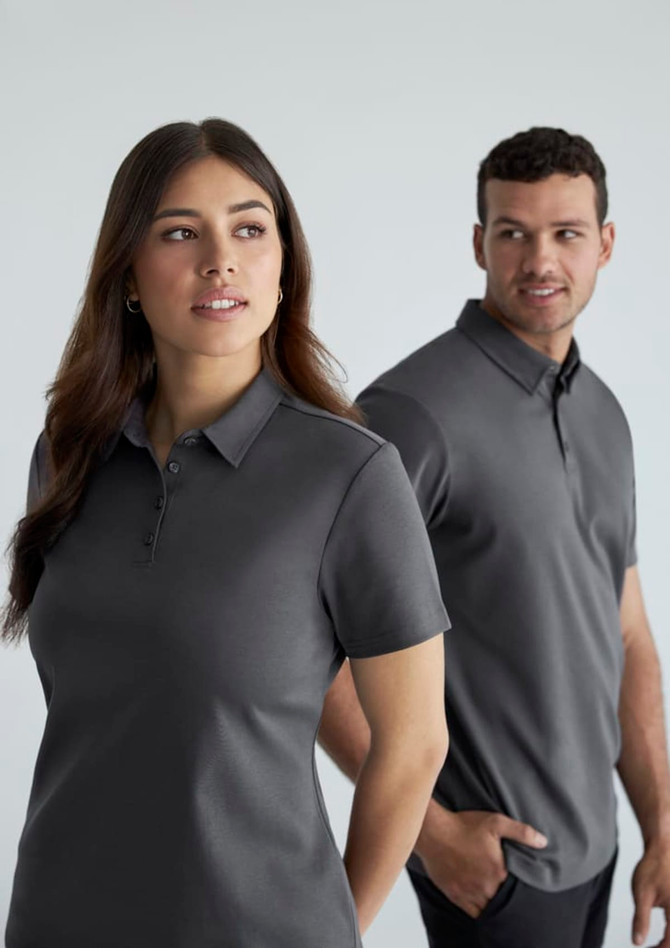 A grey short sleeve polo shirt for men, featuring a collar and a logo. Two models are wearing the polo.