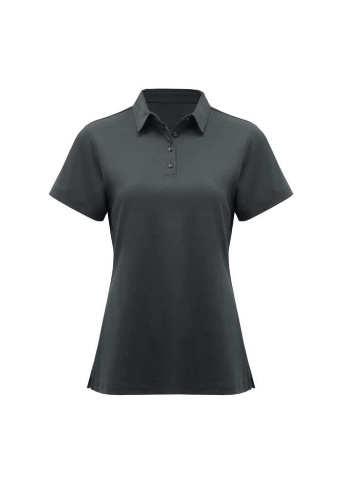 A women's short sleeve polo shirt in dark grey, featuring a collar and a three-button placket. It has a logo.