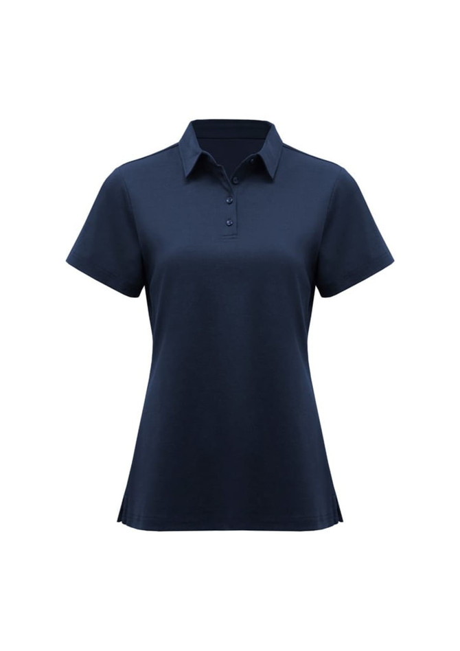 A navy women's short sleeve polo shirt with a classic collar and button placket, featuring a logo.