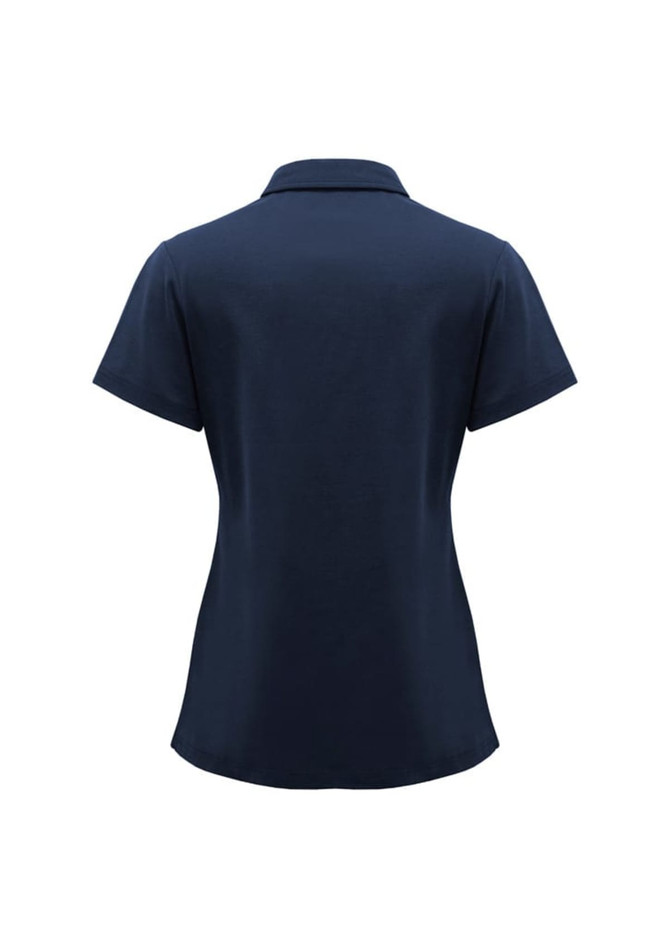 A navy blue women's polo shirt with short sleeves and a back view. It features a collar and has a logo.