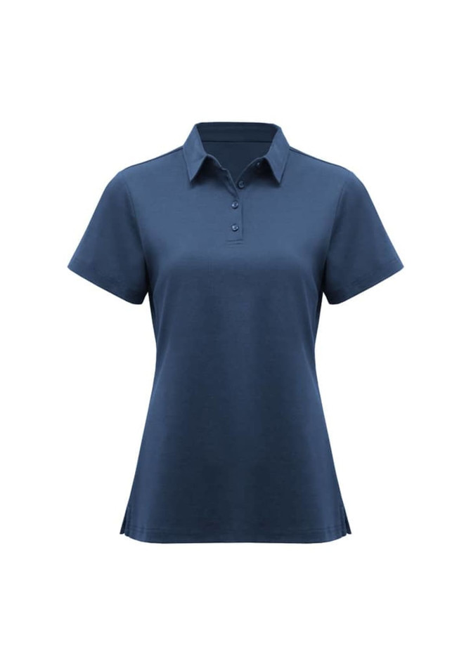 A women's short sleeve polo shirt in navy blue with a collar and buttons, featuring a logo on the chest.