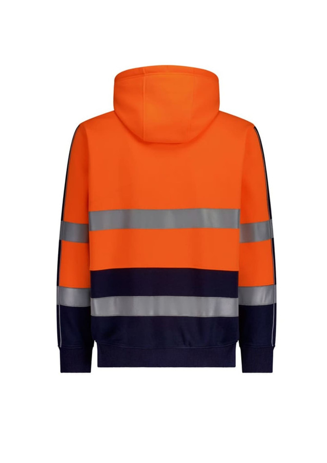 A unisex hi-vis full zip hoodie in bright orange and navy, featuring reflective tape stripes and a hood.