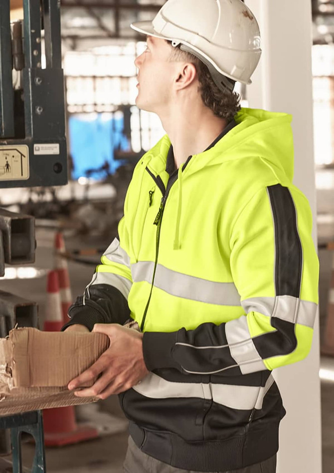 A unisex hi-vis full zip hoodie in bright yellow with black accents and reflective tape. Suitable for work environments.
