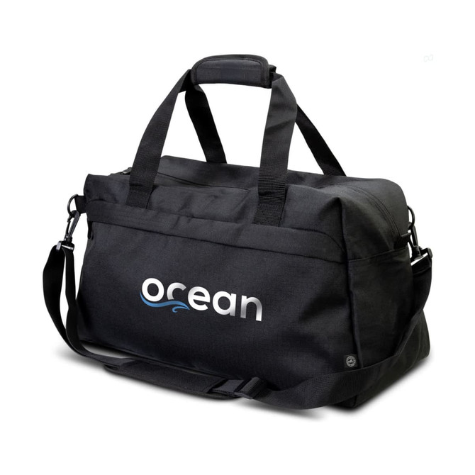 A black recycled duffle bag with handles and a removable shoulder strap. It features a logo on the side.