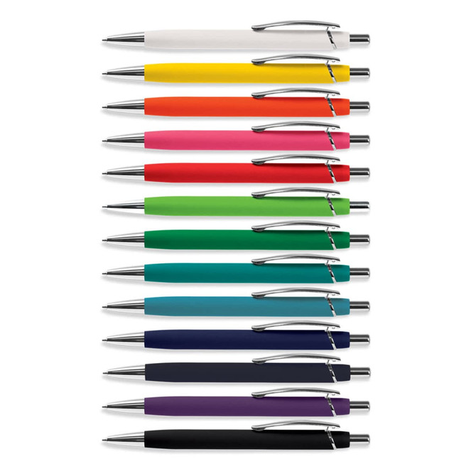 A collection of multicoloured soft-touch pens arranged in a grid, featuring silver accents and a logo.