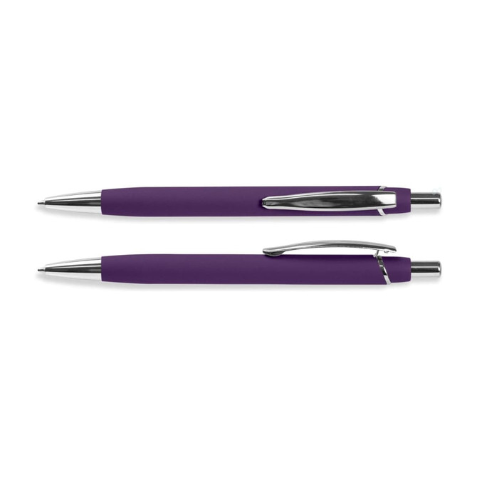 A purple soft-touch pen with a sleek chrome clip and tip, featuring a smooth grip and modern design.