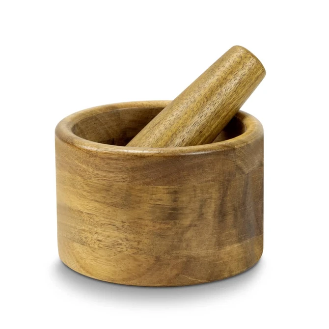 A wooden mortar and pestle with a natural finish, featuring smooth curved edges and a rounded pestle.