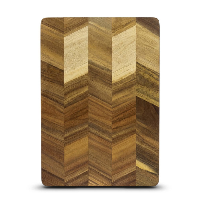 A rectangular chopping board featuring a chevron pattern in various shades of brown wood.